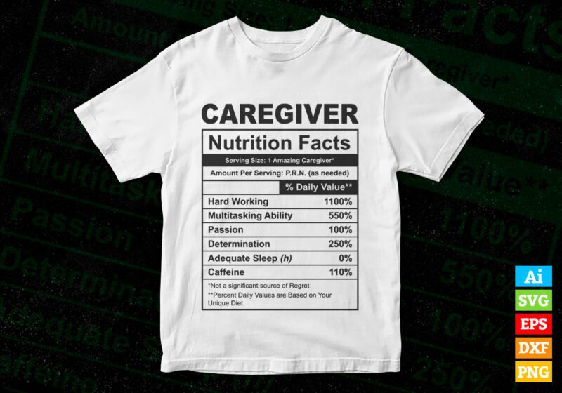 Caregiver funny nutrition facts editable vector t-shirt design in ai svg png printable files, Caregiver nutritional svg files for cricut