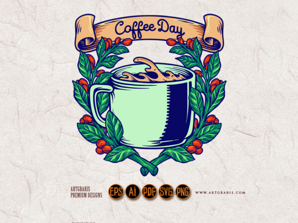 Coffee day plant leaves classic badge t shirt vector file