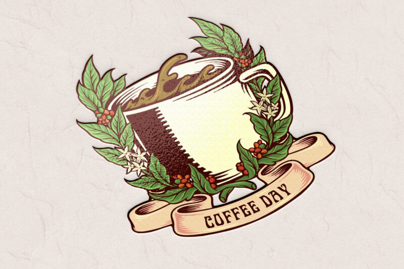 Coffee Day Vintage Badge with Glass and Ribbon