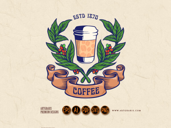 Coffee plant cup glass with banner logo vintage t shirt vector file