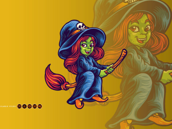 Halloween character teenager witch with flying broom graphic t shirt Halloween character teenager witch with flying broom graphic t shirt