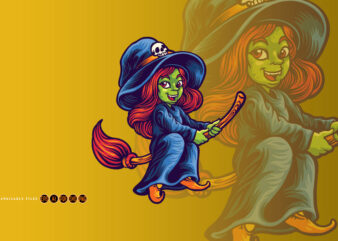 Halloween character teenager witch with flying Broom