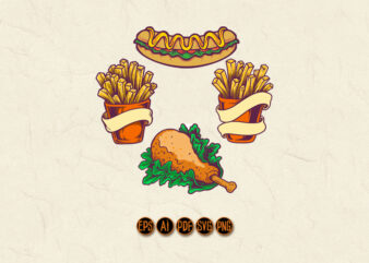Fast Food Hotdog, Chicken french fries Set Illustrations t shirt graphic design