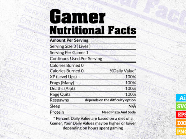 Funny Gamer Nutrition facts for Video game editable vector t-shirt design in ai svg png printable files - Buy t-shirt designs Funny Gamer Nutrition facts for Video game editable vector t-shirt design in ai svg png printable files - Buy t-shirt designs