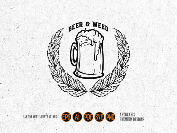Glass beer badge weed hemp silhouette t shirt design template