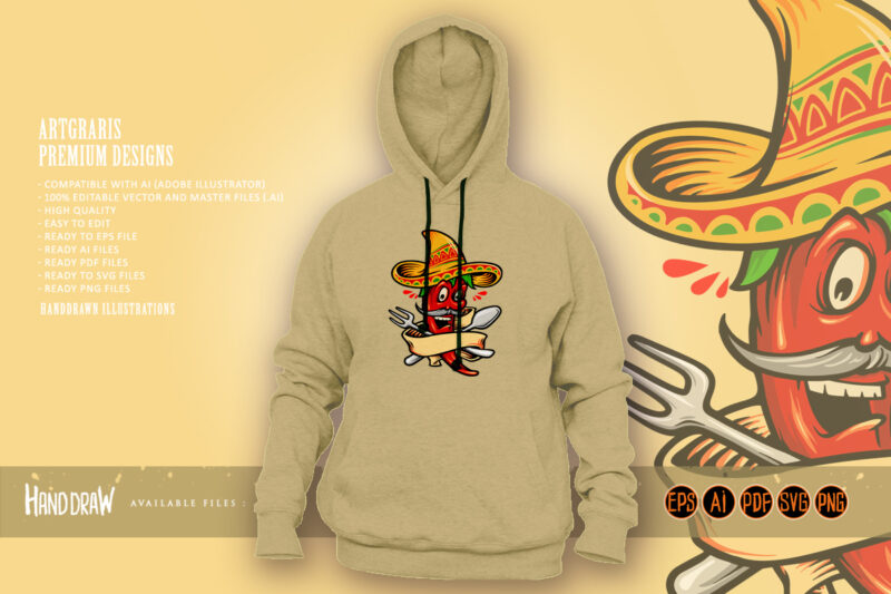 Logo Restaurant Mexican Red Hot Chili Pepper with Banner Mascot
