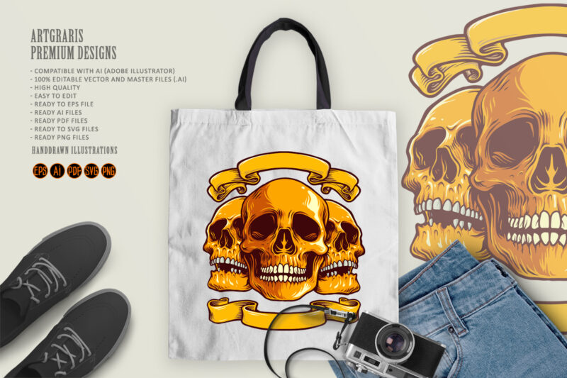 Human Three Skull with Banner Logo - Buy t-shirt designs