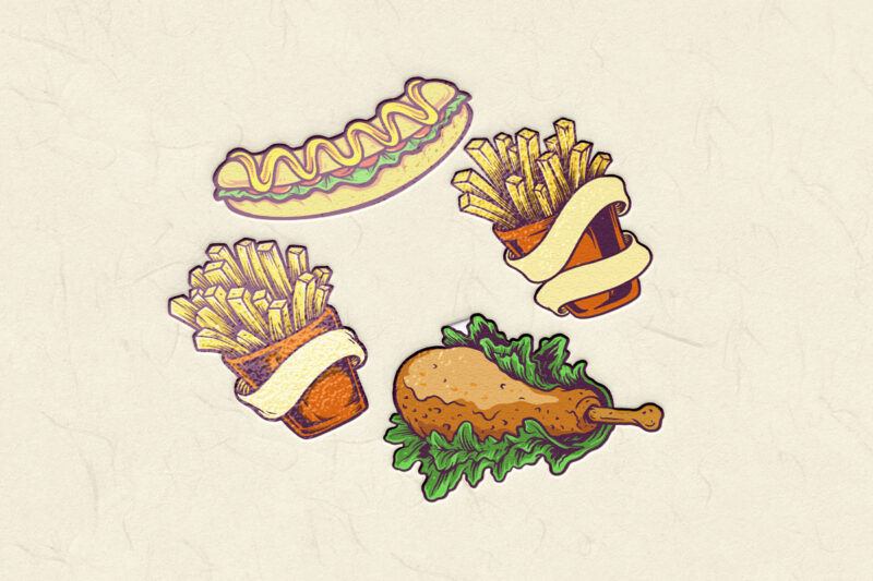 Fast Food Hotdog, Chicken french fries Set Illustrations