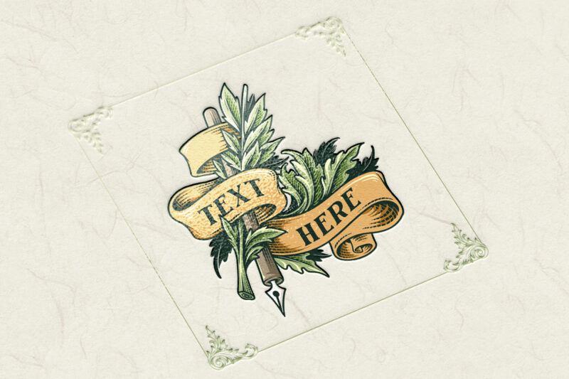 Vintage Ribbon and botanical and Pen Engraving Style