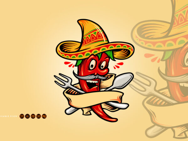 Logo restaurant mexican red hot chili pepper with banner mascot t shirt vector graphic