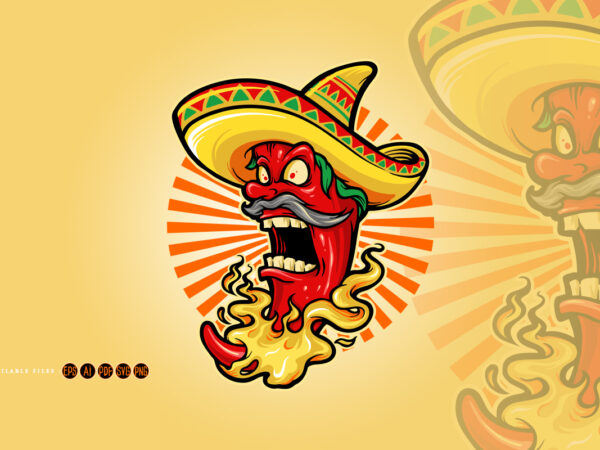 Mexican red hot chili pepper with hat mascot logo t shirt designs for sale