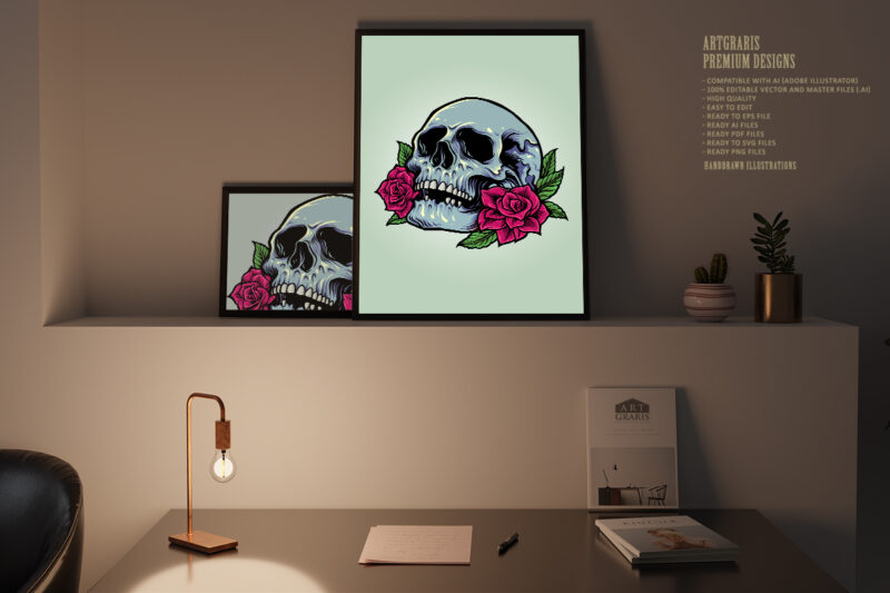 Sugar Skull Anatomy with Roses Tattoo Illustrations