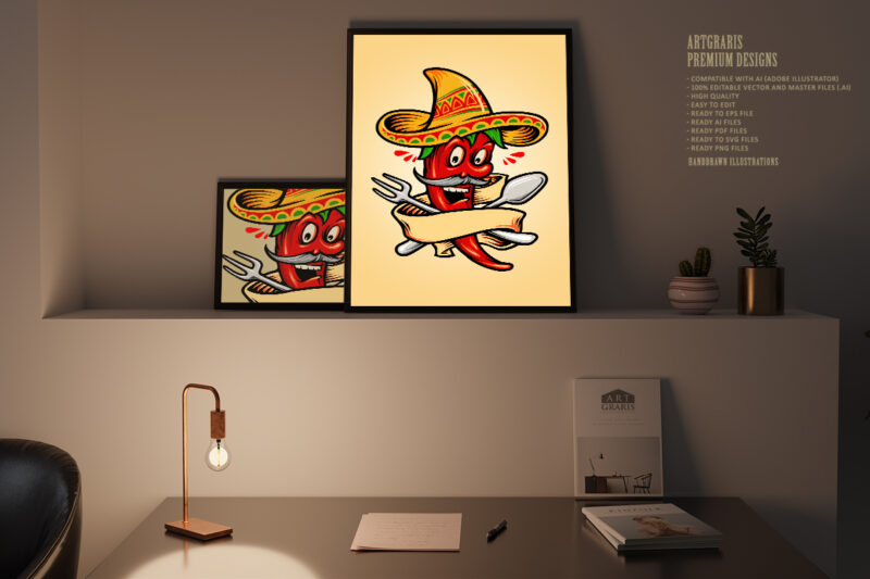 Logo Restaurant Mexican Red Hot Chili Pepper with Banner Mascot