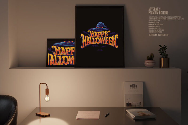 Happy halloween witch hat typography