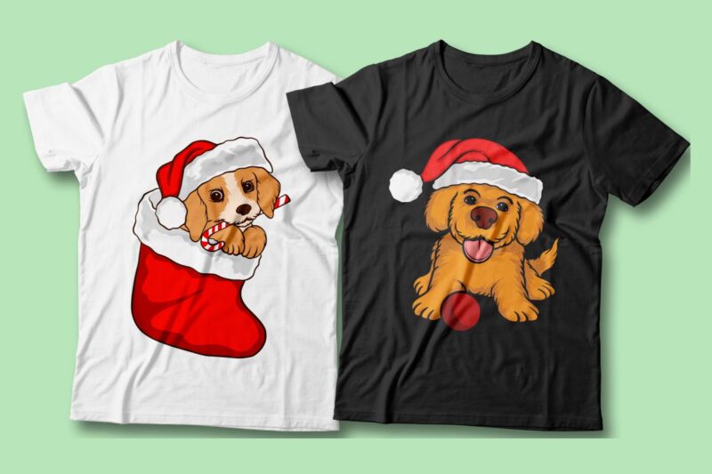 Santa dog vector cartoon bundle, Christmas dog t-shirt designs sublimation bundle, Dog wearing Christmas costume