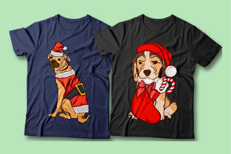 Santa dog vector cartoon bundle, Christmas dog t-shirt designs sublimation bundle, Dog wearing Christmas costume