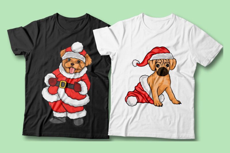 Santa dog vector cartoon bundle, Christmas dog t-shirt designs sublimation bundle, Dog wearing Christmas costume