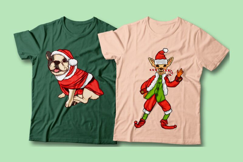 Santa dog vector cartoon bundle, Christmas dog t-shirt designs sublimation bundle, Dog wearing Christmas costume