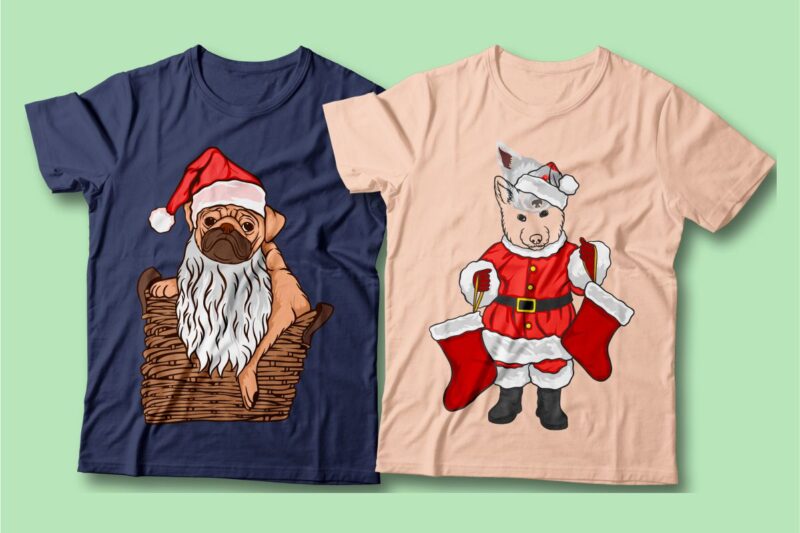 Santa dog vector cartoon bundle, Christmas dog t-shirt designs sublimation bundle, Dog wearing Christmas costume