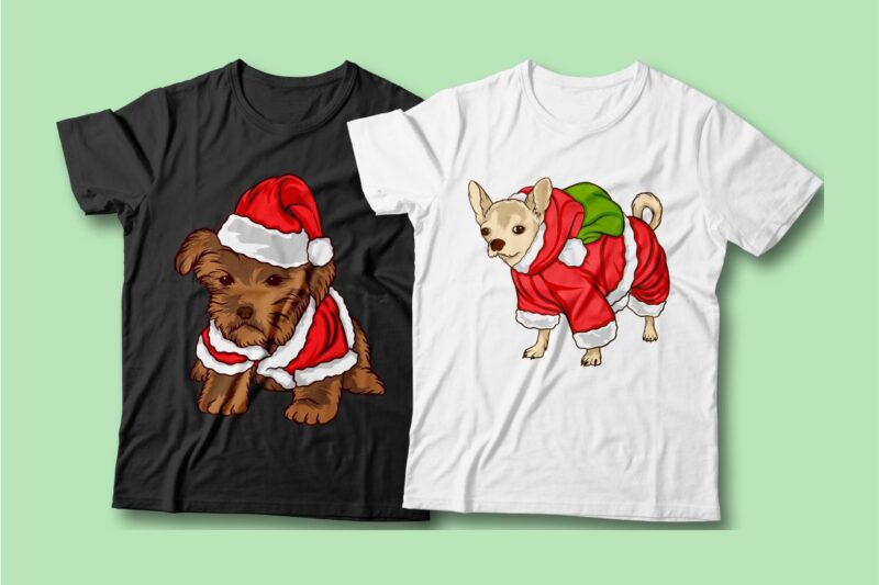 Santa dog vector cartoon bundle, Christmas dog t-shirt designs sublimation bundle, Dog wearing Christmas costume