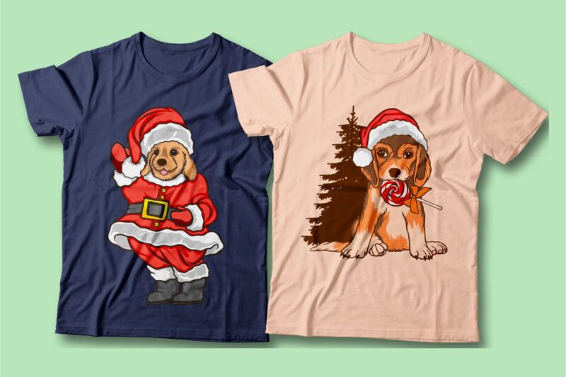 Santa dog vector cartoon bundle, Christmas dog t-shirt designs sublimation bundle, Dog wearing Christmas costume