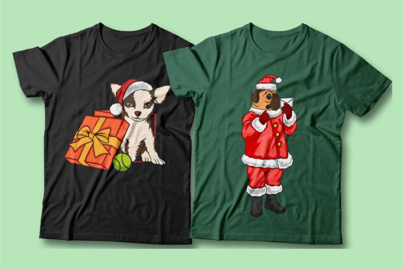 Santa dog vector cartoon bundle, Christmas dog t-shirt designs sublimation bundle, Dog wearing Christmas costume