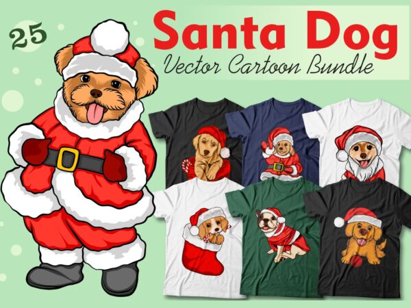 Santa dog vector cartoon bundle, christmas dog t-shirt designs sublimation bundle, dog wearing christmas costume