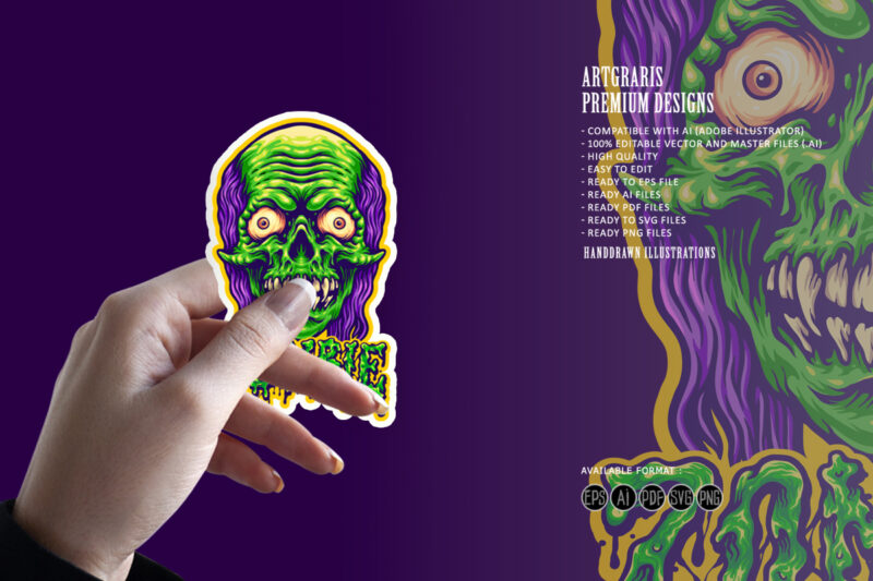 Spooky Zombie Head and Text Illustrations