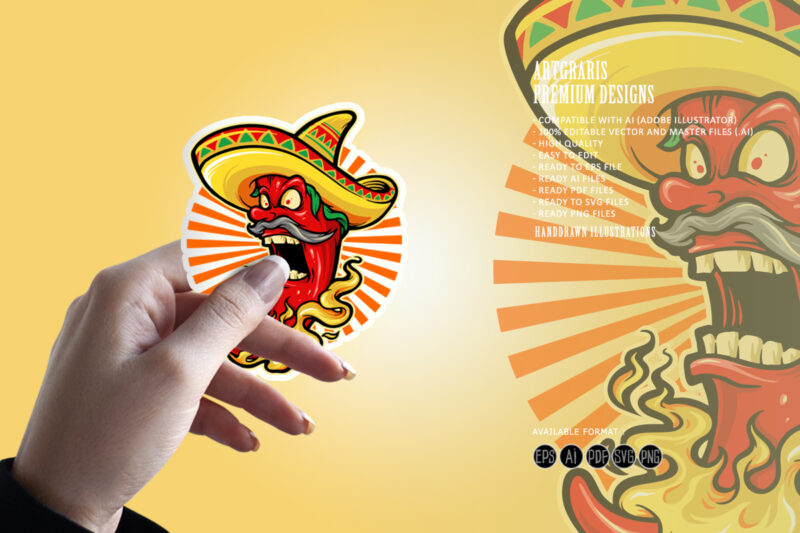 Mexican Red Hot Chili Pepper with Hat Mascot Logo