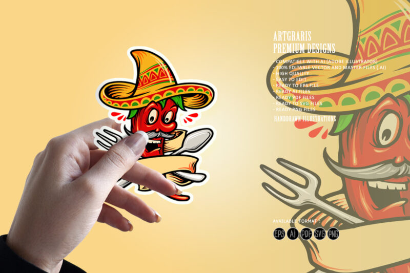 Logo Restaurant Mexican Red Hot Chili Pepper with Banner Mascot