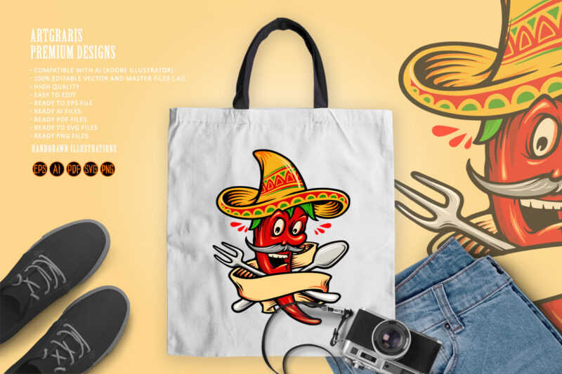 Logo Restaurant Mexican Red Hot Chili Pepper with Banner Mascot