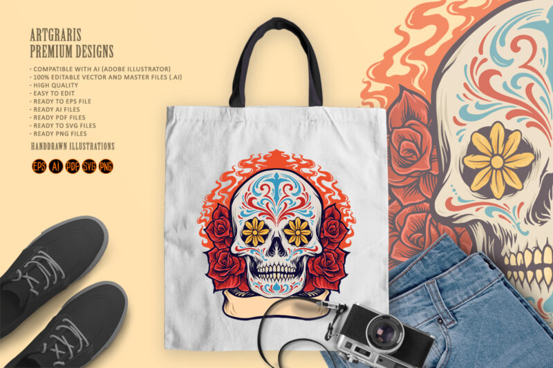 Sugar Skull Dia De Los Muertos with Roses and Ribbon - Buy t-shirt designs