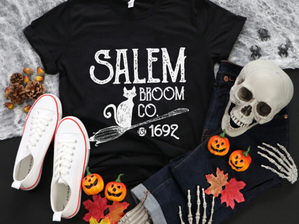 Salem broom co. cute witch trials 1692 svg, women’s halloween svg, halloween svg, cat svg, cat halloween svg t shirt template vector
