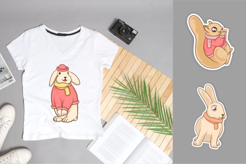 t-shirt vector Cute animals in winter bundle, Winter animal cartoon illustration bundle, Fun winter animal, Animal wearing a scarf, animals wear clothes,