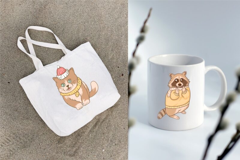 t-shirt vector Cute animals in winter bundle, Winter animal cartoon illustration bundle, Fun winter animal, Animal wearing a scarf, animals wear clothes,