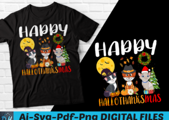 Happy hallothanksmas t-shirt, Cute cat hallothanksmas t-shirt, Halloween t-shirt, Thanksgiving t-shirt, Christmas t-shirt, Happy hallothanksmas funny t-shirt, Funny t-shirt, Cute cats t-shrit, Cats t-shirt,