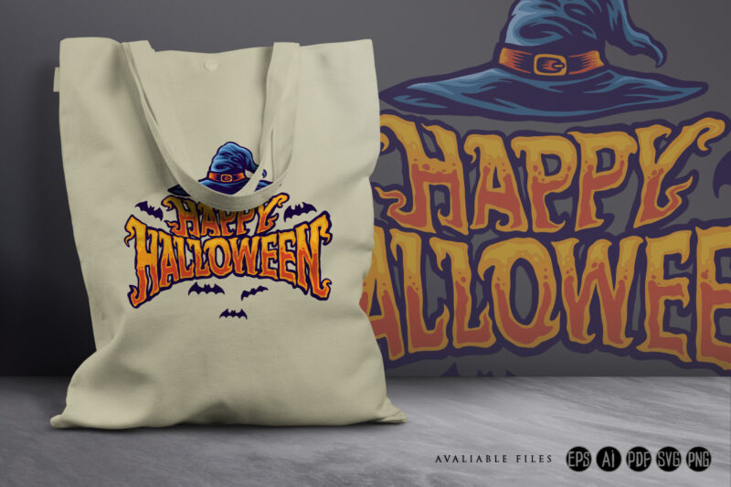 Happy halloween witch hat typography