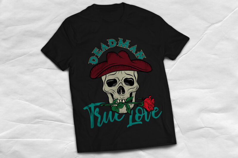 Skull with a hat and a rose, T-shirt design