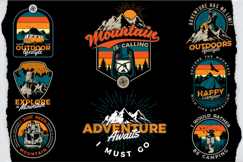 Adventure designs, editable outdoor designs, adventure badge design pack collection.