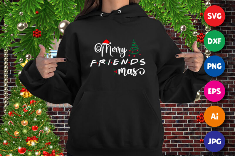 Merry friends mas t-shirt, Santa hat, Christmas tree, merry friends shirt template