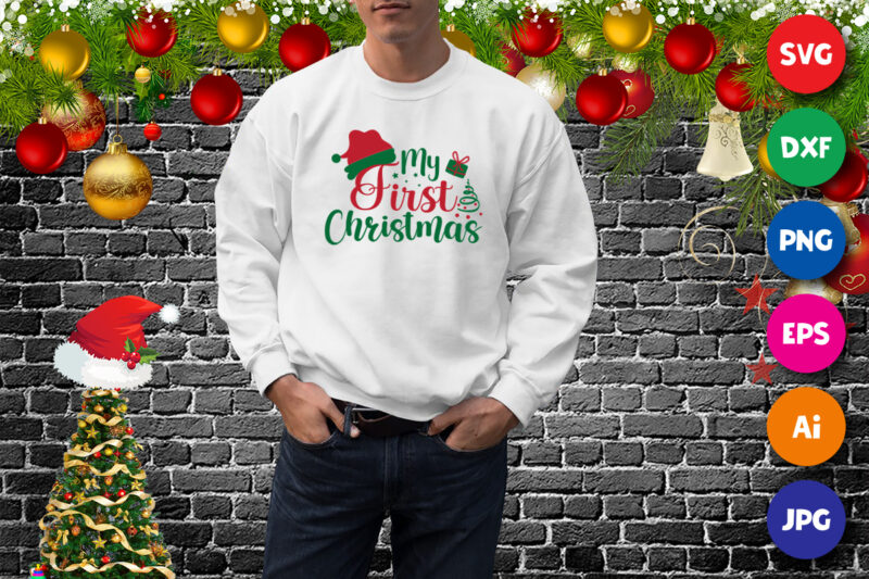 My first Christmas, Santa hat sweatshirt, first Christmas shirt print template