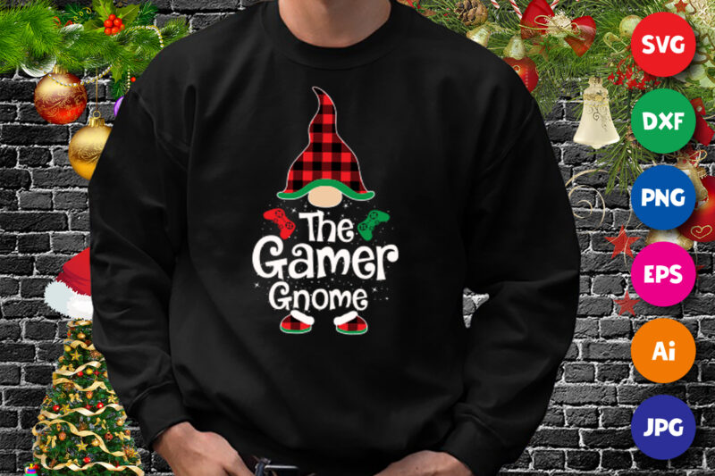 The Gamer gnome Shirt, Plaid Hat Shirt, Christmas Santa hat, gamer gnome shirt print template