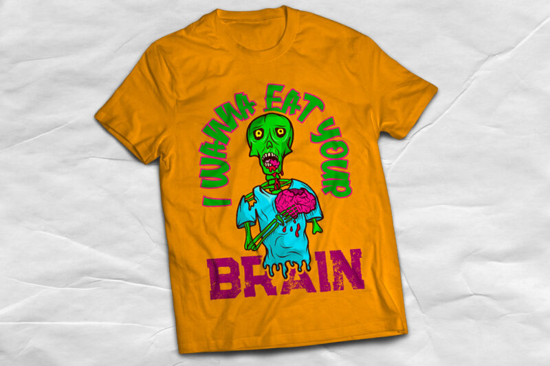 Zombie with brain in hands, t-shirt design