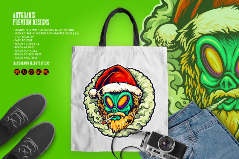 Alien Hat Santa Weed Smoking Illustrations