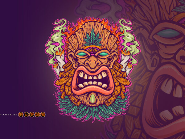 Angry tiki mascot with cannabis smoke t shirt vector