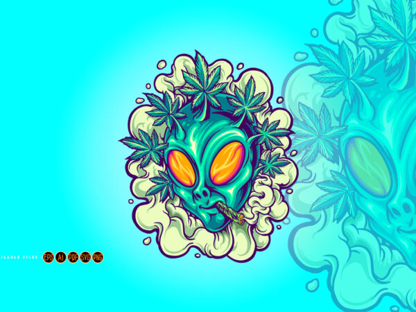 Alien head weed plants hair smoke illustrations t shirt vector
