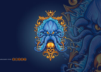 Blue Kraken with Gold Frame Skull Illustrations