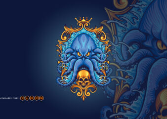 Blue Kraken with Gold Frame Skull Illustrations t shirt template