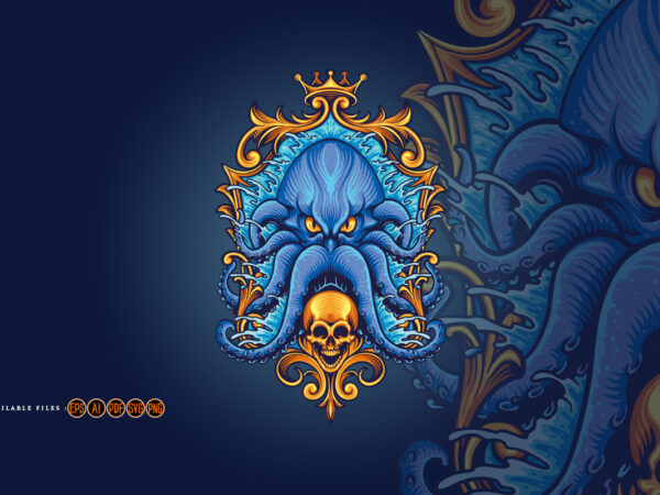 Blue kraken with gold frame skull illustrations t shirt template