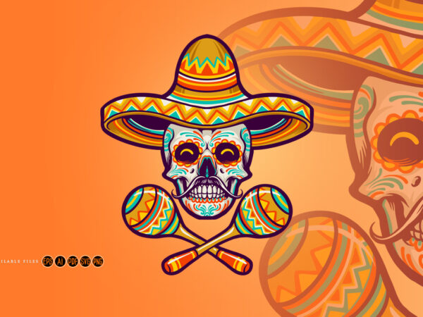 Skull head sombrero hat and maraca mexican t shirt template vector